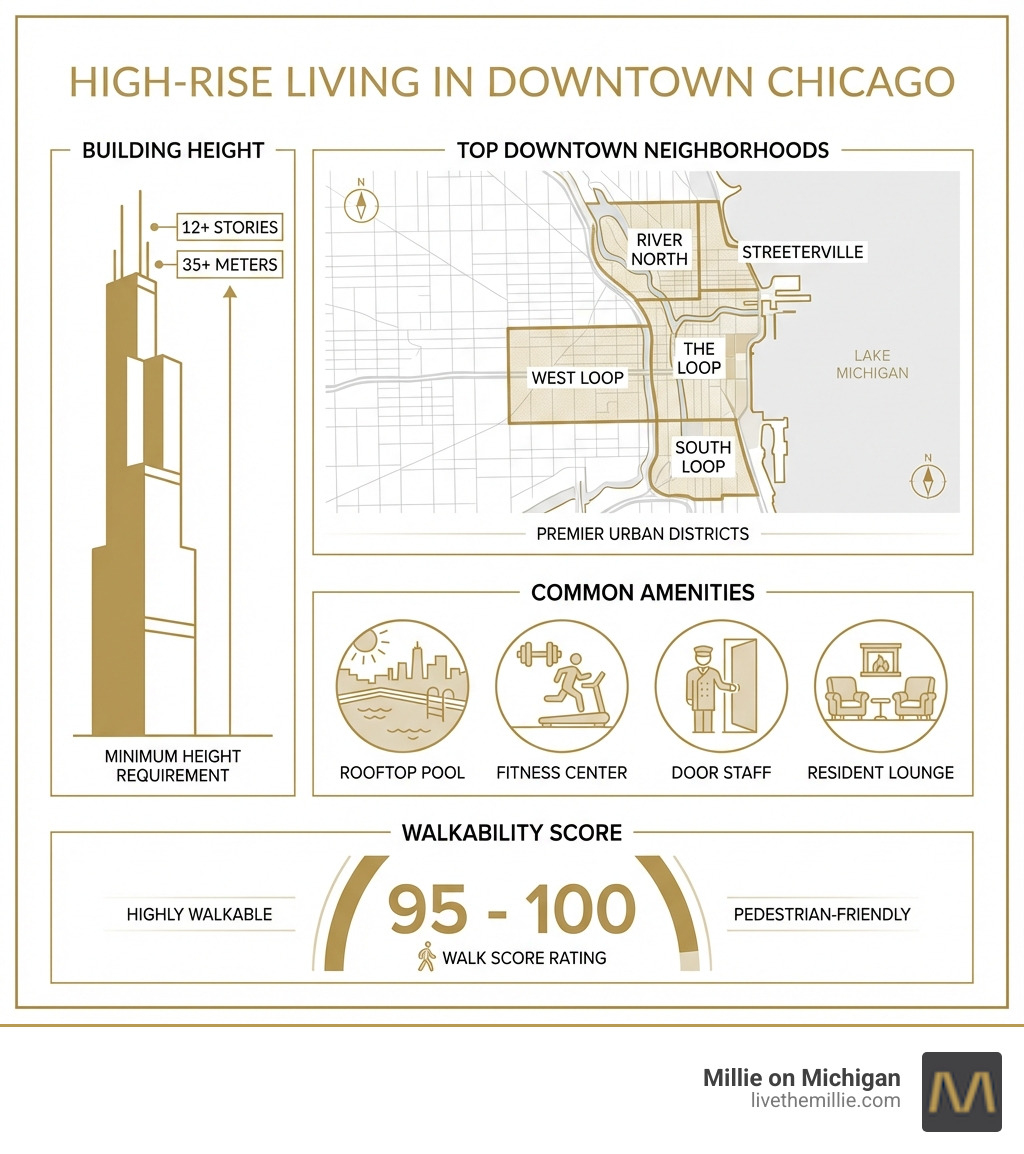 Infographic showing high-rise living in downtown Chicago: building height requirements (12+ stories or 35+ meters), map of top downtown neighborhoods (The Loop, River North, Streeterville, West Loop, South Loop), common amenities icons (rooftop pool, fitness center, door staff, resident lounge), and walkability scores (95-100) - high rise downtown chicago infographic 