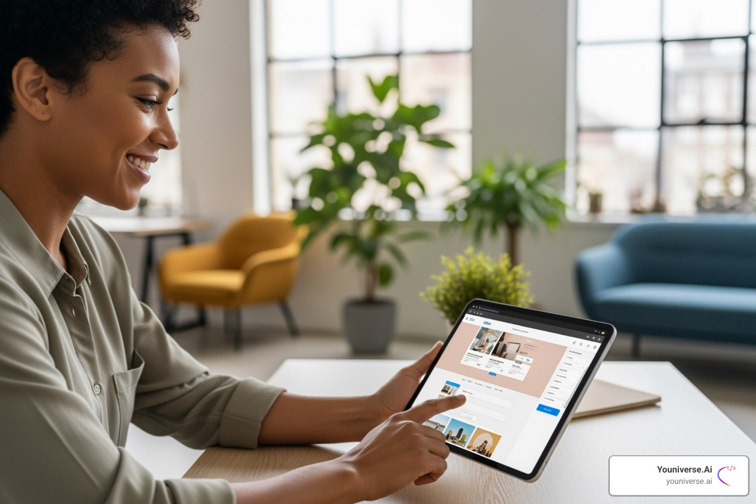 business owner easily creating a website on a tablet using AI prompts - AI ecommerce websites