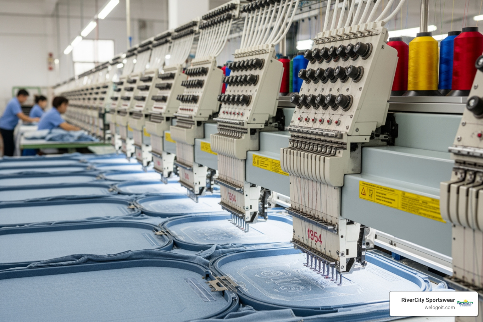 Multi-head embroidery machine in action - custom embroidery