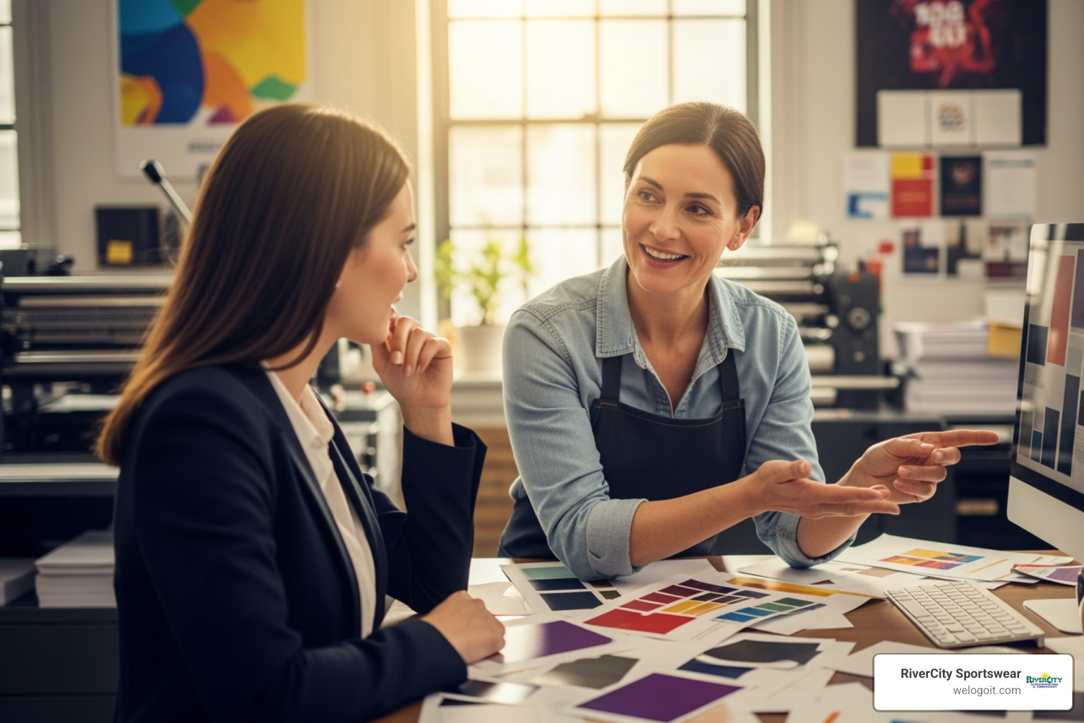 friendly print shop owner consulting with a client - austin print shop