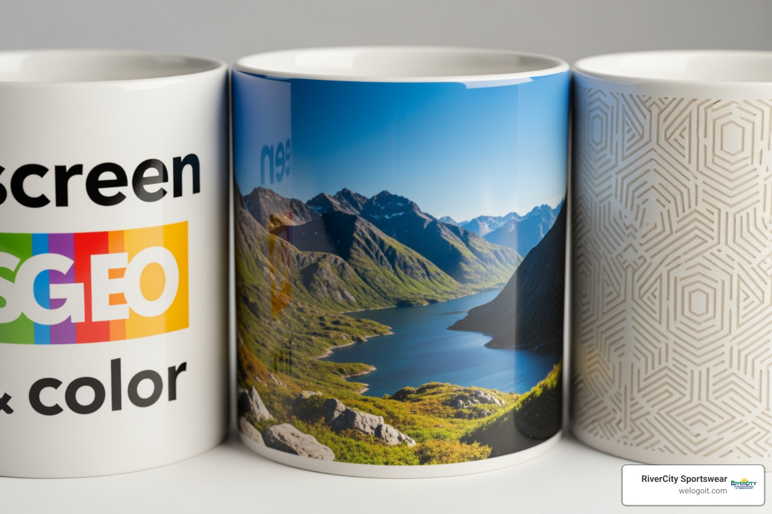 close-ups of different printing methods on mugs - Austin custom mugs