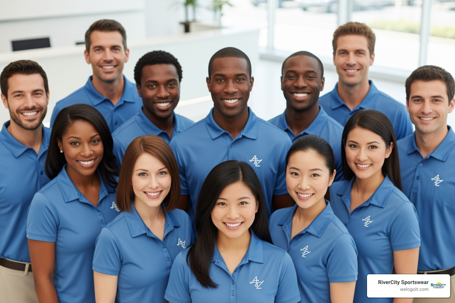 team wearing matching embroidered polo shirts - logo embroidery services