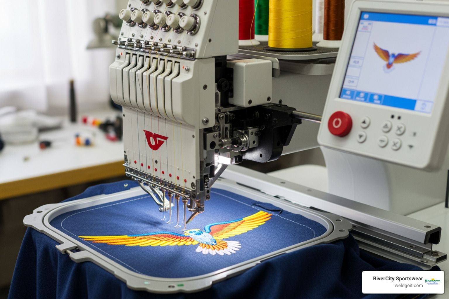 embroidery machine in action stitching a logo - logo embroidery services embroidery machine in action stitching a logo - logo embroidery services