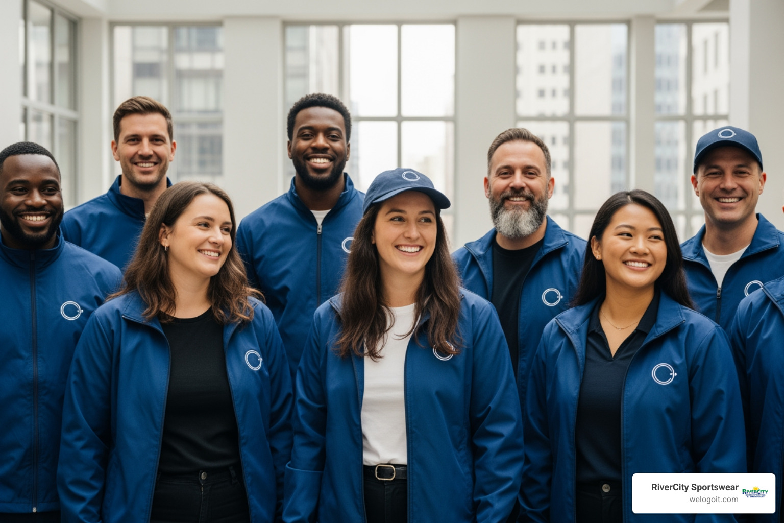 Team wearing matching embroidered jackets and hats - custom embroidery