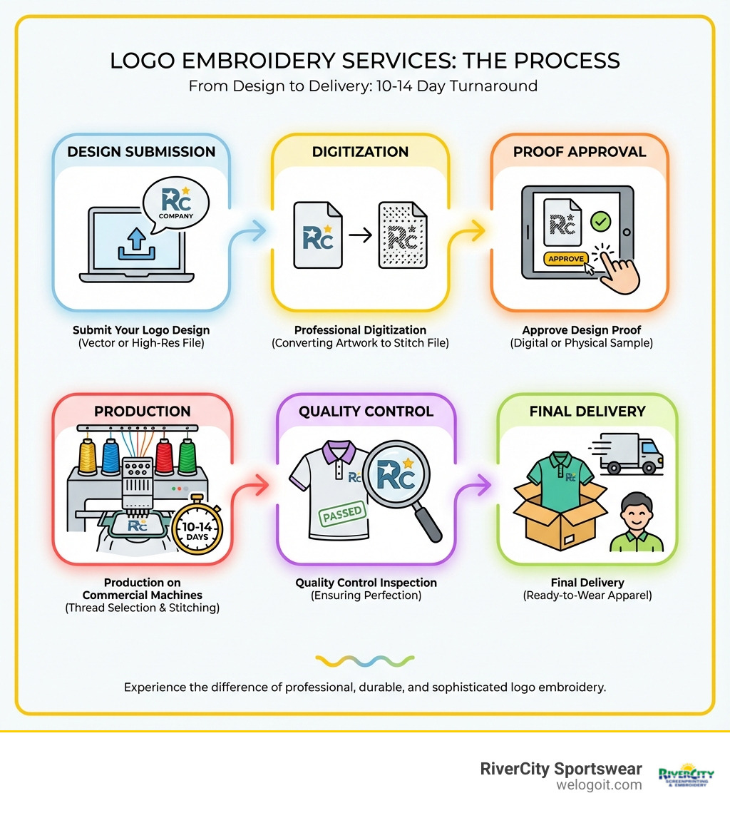 Infographic comparing logo embroidery services process: design submission, digitization converting artwork to stitch files, proof approval, production on commercial machines with thread selection, quality control inspection, and final delivery with typical 10-14 day turnaround - logo embroidery services infographic 