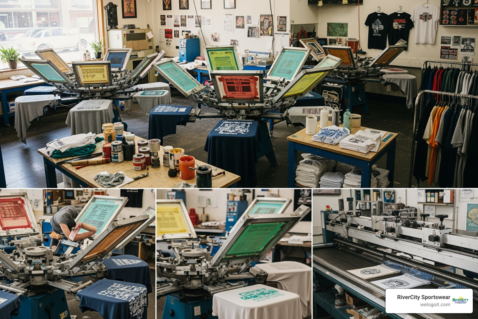 local print shop with presses running - custom apparel Austin