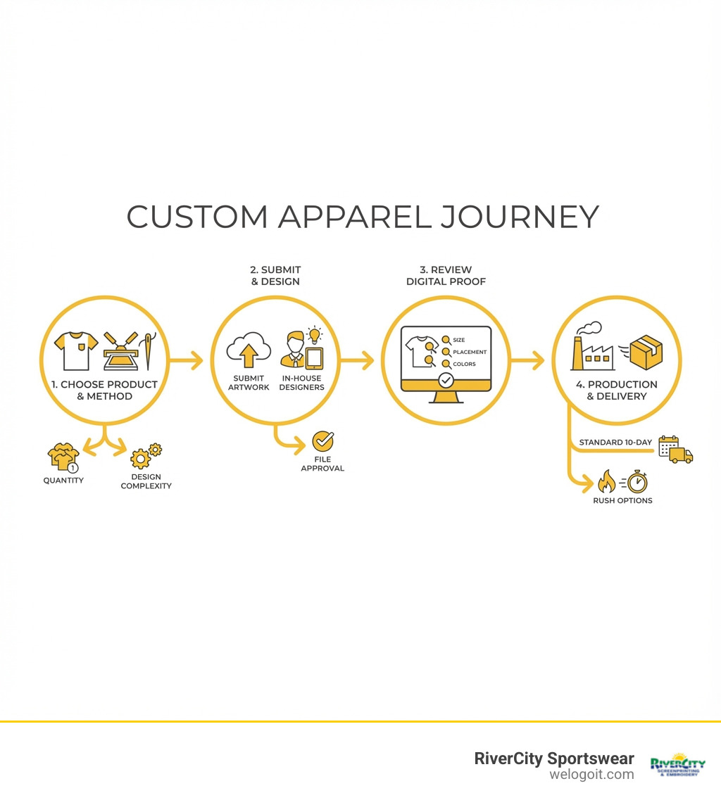 Infographic showing the custom apparel journey: Step 1 - Choose your product and printing method based on quantity and design complexity. Step 2 - Submit artwork or work with in-house designers to create your design with file approval. Step 3 - Review digital proof for size, placement, and colors before production begins. Step 4 - Production and delivery with standard 10-day turnaround or rush options for urgent needs. - custom apparel Austin infographic 
