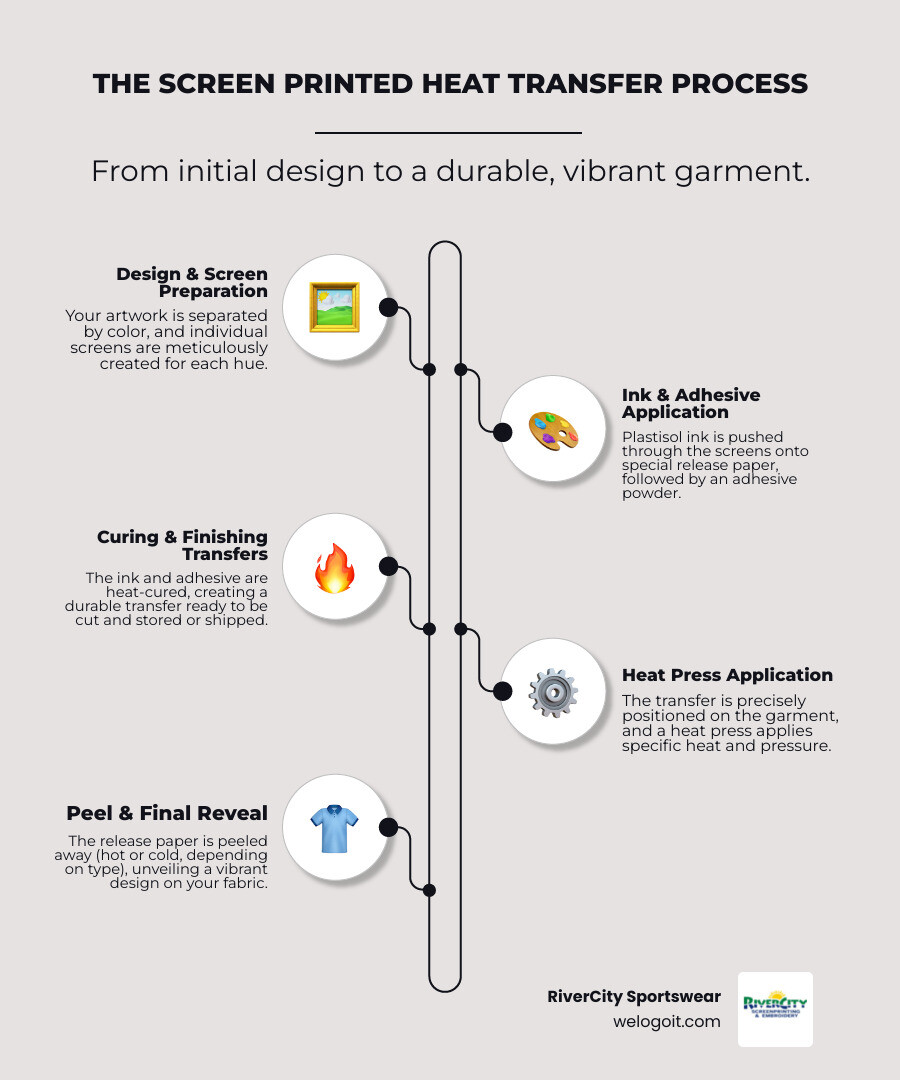 Infographic showing the complete process of screen printed heat transfers: Step 1 - Design is separated by color and screens are created; Step 2 - Plastisol ink is pushed through screens onto release paper; Step 3 - Adhesive powder is applied and heat-cured; Step 4 - Transfers are cut and ready to store or ship; Step 5 - Transfer is positioned on garment; Step 6 - Heat press applies heat and pressure for 12-15 seconds; Step 7 - Release paper is peeled away (hot or cold peel depending on type); Step 8 - Final product shows vibrant, durable design on fabric - screen printed heat transfers near me infographic