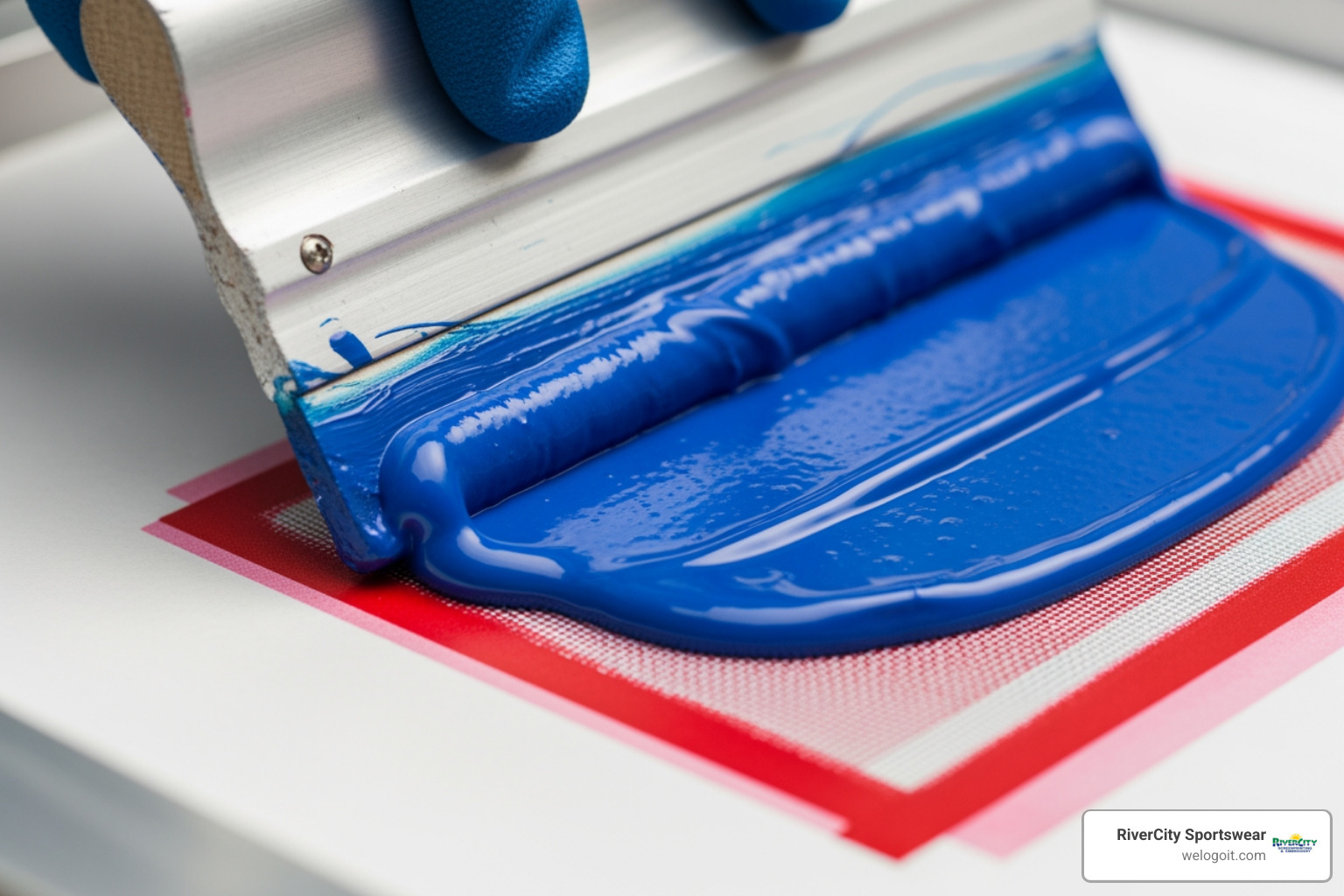 Plastisol ink being pushed through a screen onto release paper - screen printed heat transfers near me