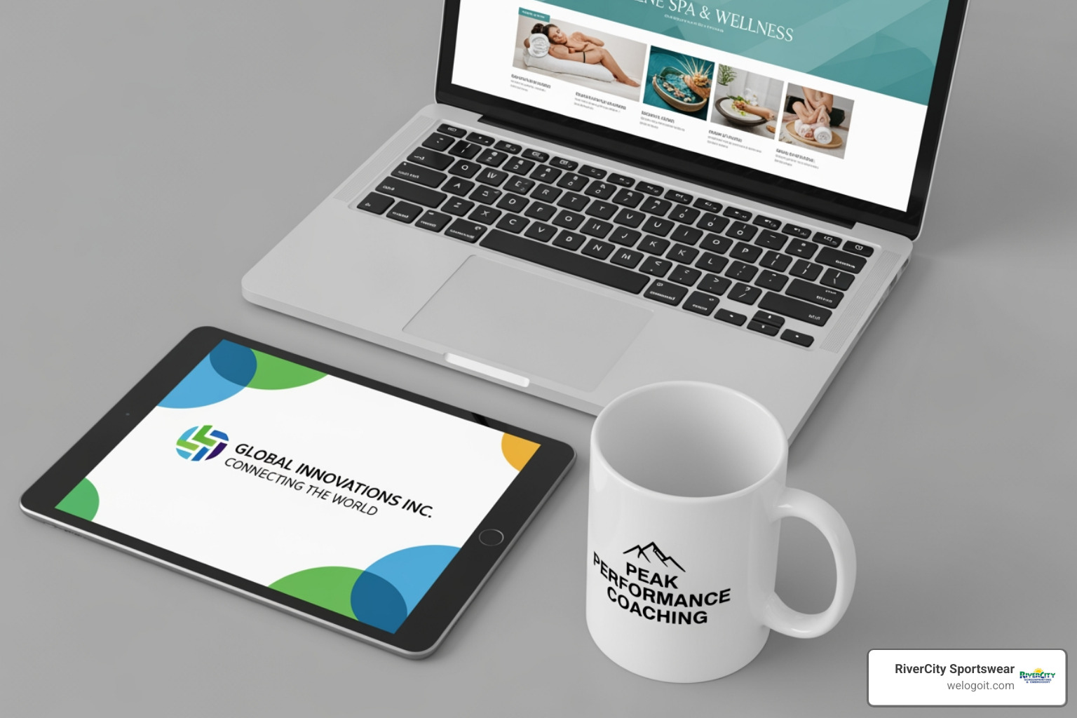 different branding solutions in action (digital ad, promotional mug, well-designed website) - Business branding solutions