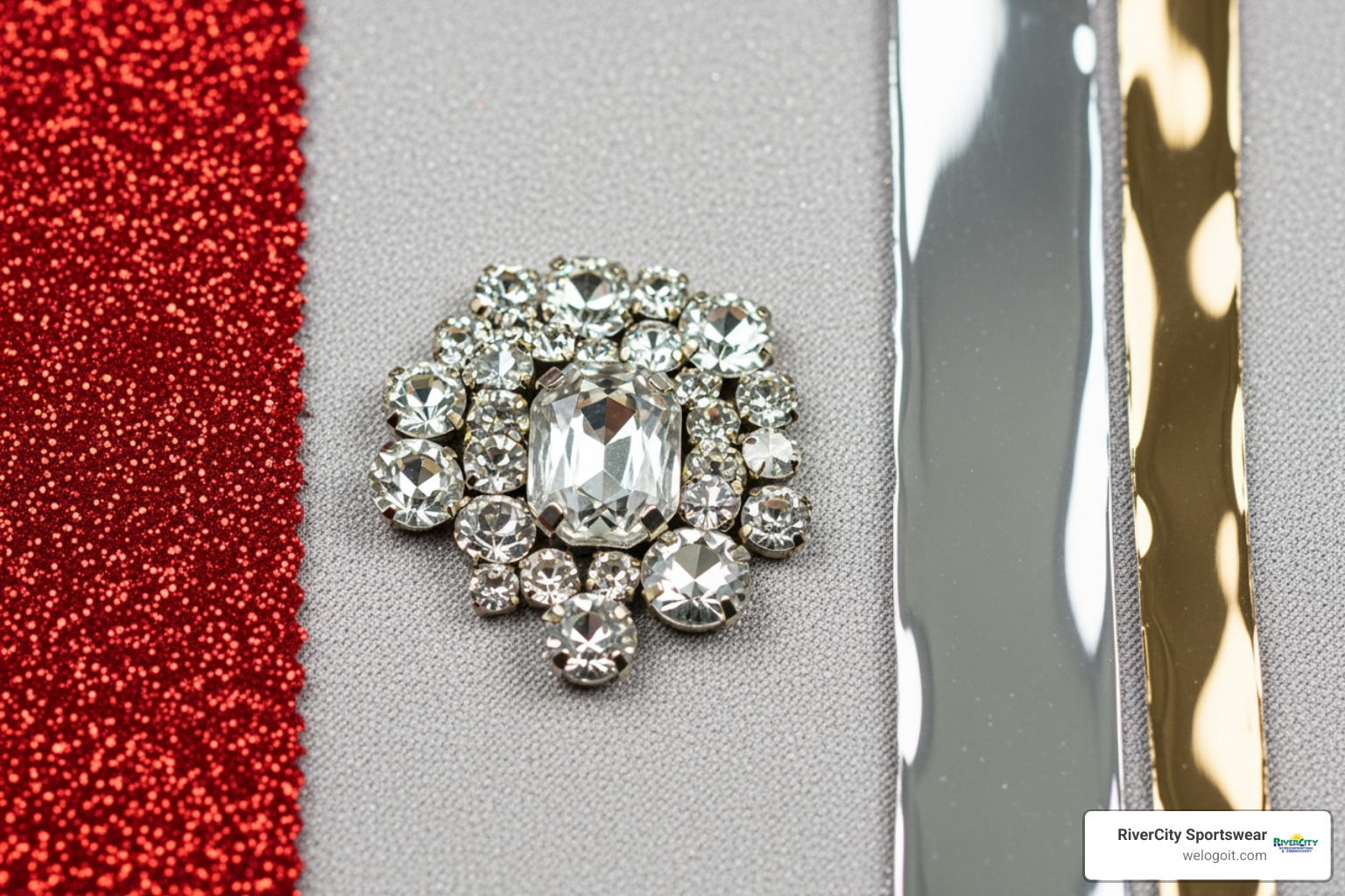 different types of bling materials like rhinestones, glitter vinyl, and foil accents - custom bling shirts austin tx