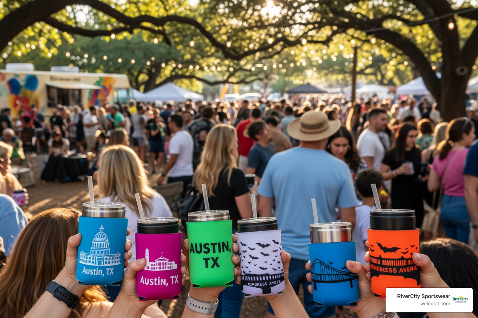 people using custom koozies at an outdoor Austin event - custom koozies Austin