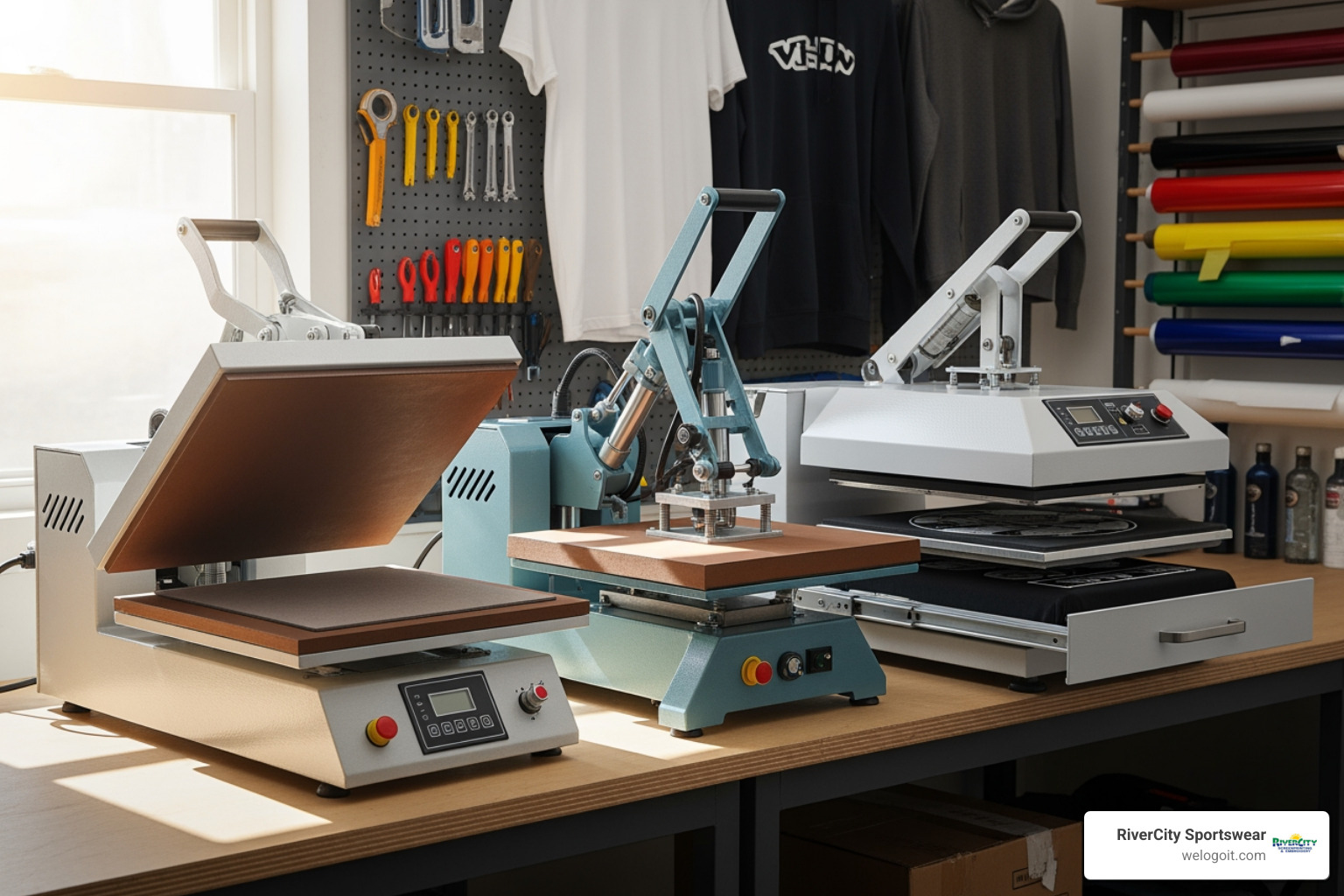 Clamshell, swing-away, and drawer presses side-by-side - tshirt press