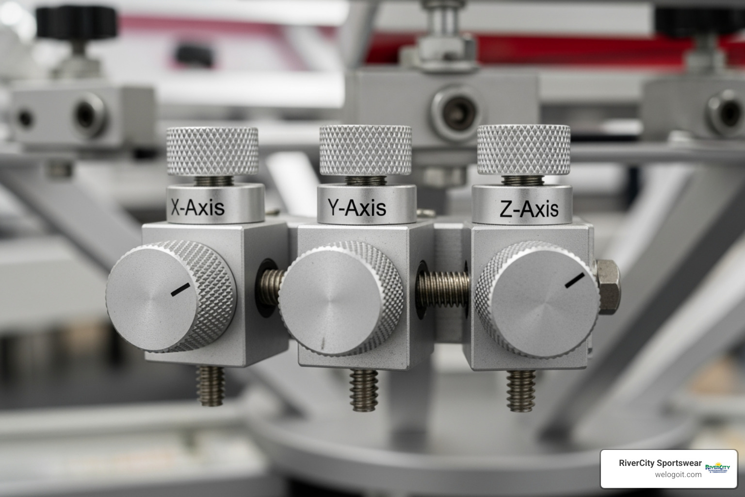 A close-up of micro-registration knobs on a screen printing press, showing the precision adjustment mechanisms for X, Y, and Z axes. - screen printing press