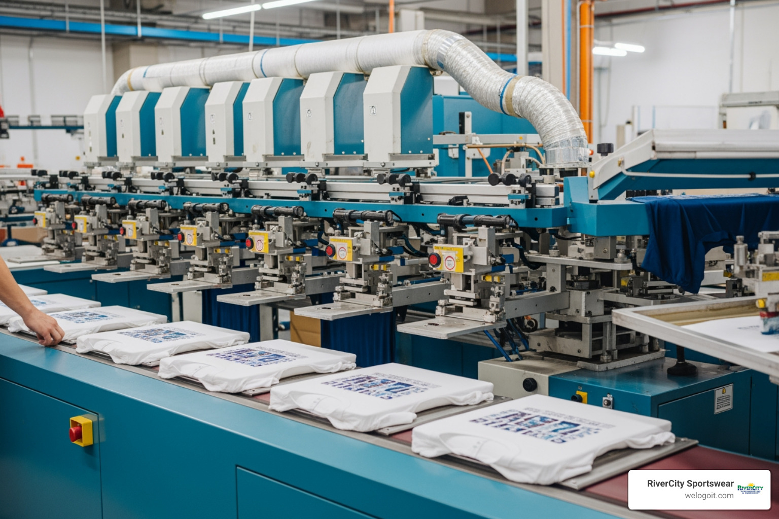 A diagram illustrating the workflow on a multi-station screen printing press, showing garments moving through loading, printing (multiple colors), flash drying, and unloading stages. - screen printing press