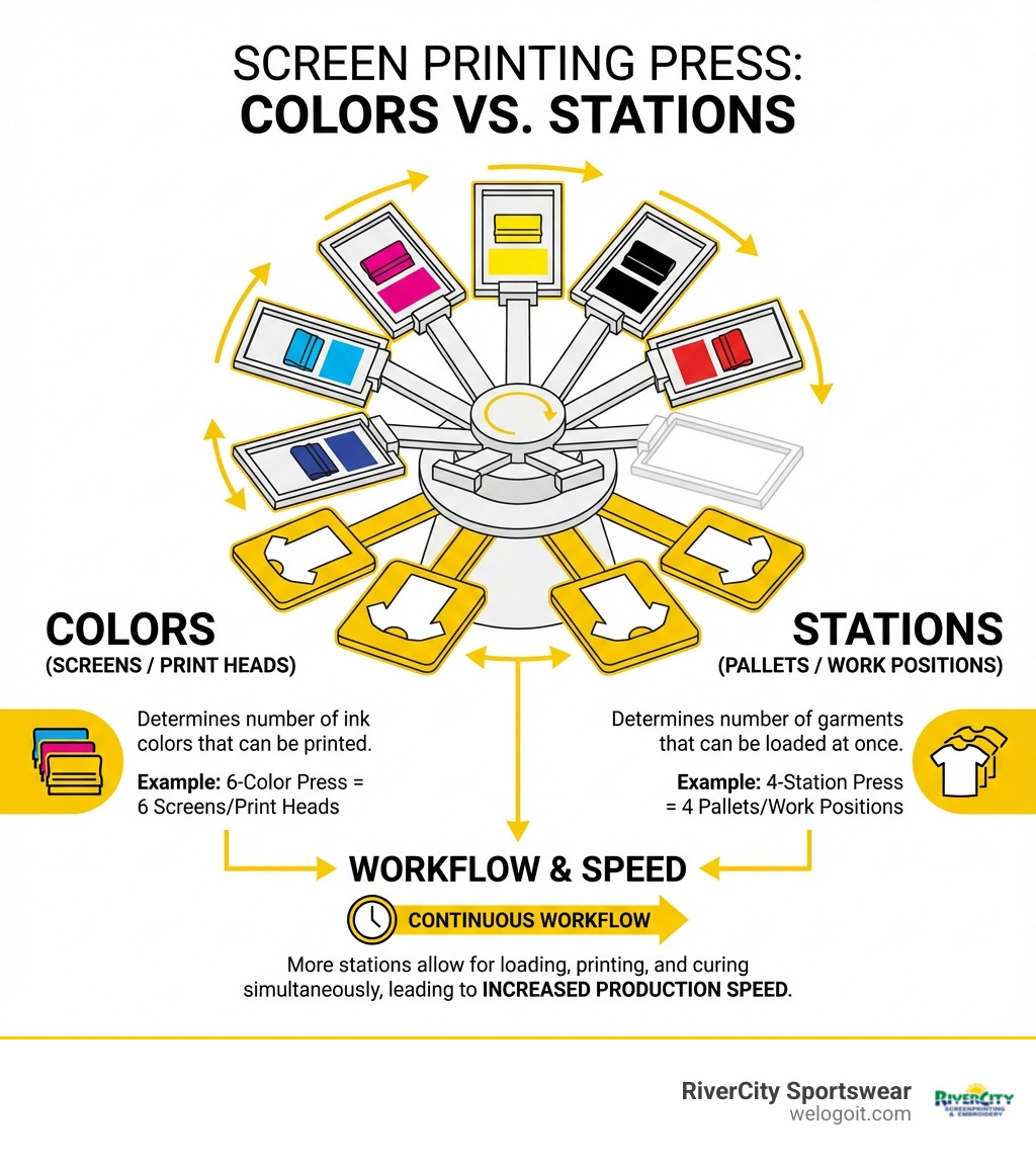 Infographic showing the difference between colors and stations on a screen printing press: Colors represent the number of screens/print heads the press can hold (determines how many ink colors can be printed), while stations represent the number of pallets or work positions (determines how many garments can be loaded at once). Example shows a 6-color, 4-station press with 6 screens arranged in a carousel and 4 shirt platens, illustrating how more stations increase production speed by allowing continuous workflow. - screen printing press infographic 