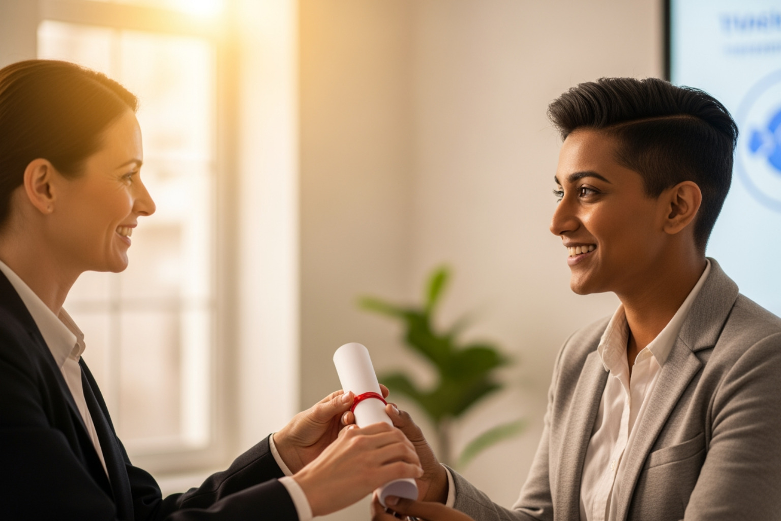 A Franchisee Receiving An Award Or Training Certificate From A Franchisor - Business Ownership Through Franchising A franchisee receiving an award or training certificate from a franchisor - business ownership through franchising