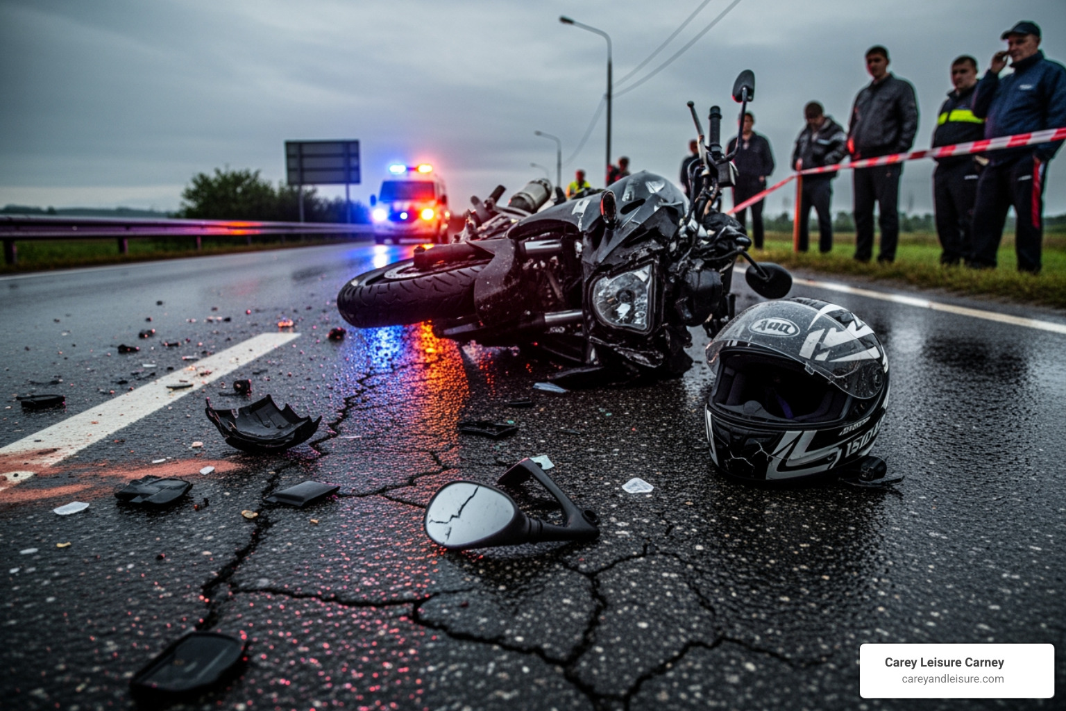 damaged motorcycle and helmet at an accident scene - motorcycle accident legal services