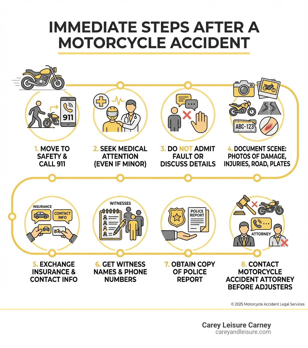 Infographic showing immediate steps after a motorcycle accident: 1. Move to safety and call 911, 2. Seek medical attention even if injuries seem minor, 3. Do not admit fault or discuss the accident in detail, 4. Document the scene with photos of damage, injuries, road conditions, and license plates, 5. Exchange insurance and contact information with all parties, 6. Get witness names and phone numbers, 7. Obtain a copy of the police report, 8. Contact a motorcycle accident attorney before speaking to insurance adjusters - motorcycle accident legal services infographic 
