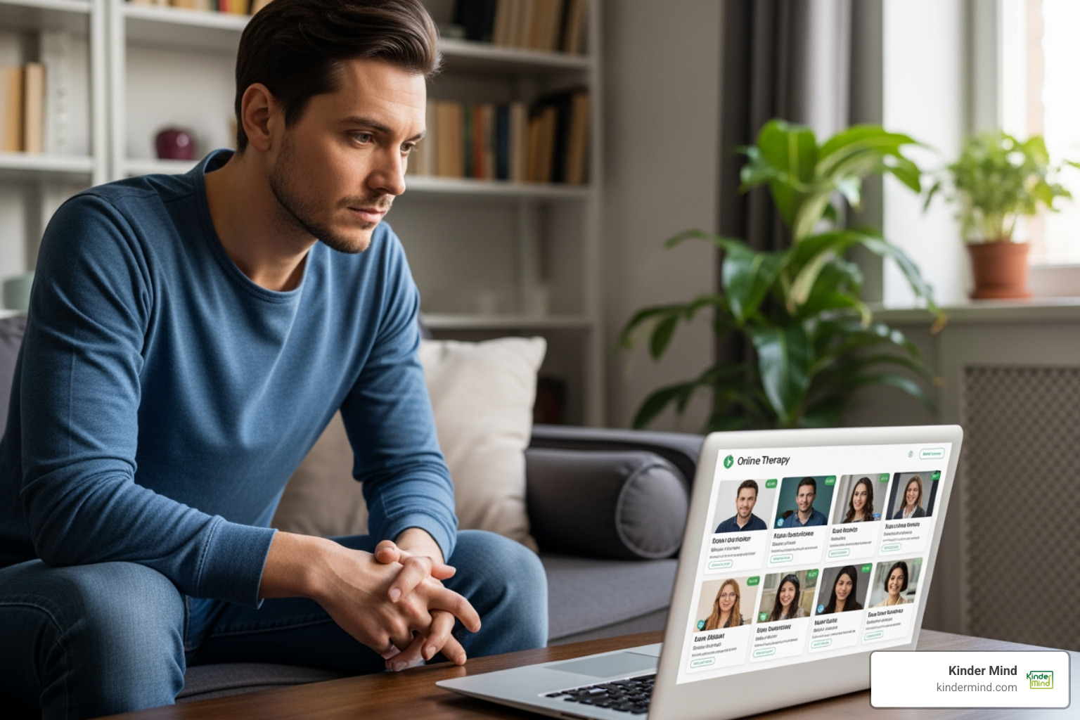 person browsing therapist profiles on a laptop - Virtual therapy appointment