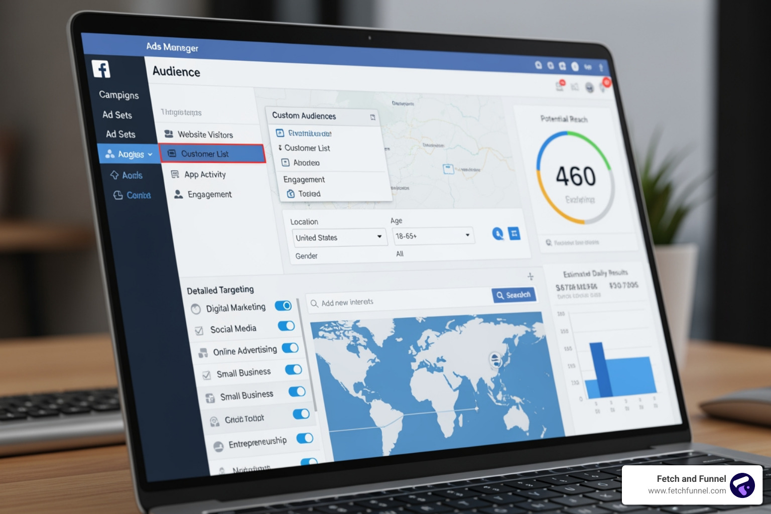 Facebook Ads Manager audience targeting interface - facebook advertising campaign Facebook Ads Manager audience targeting interface - facebook advertising campaign