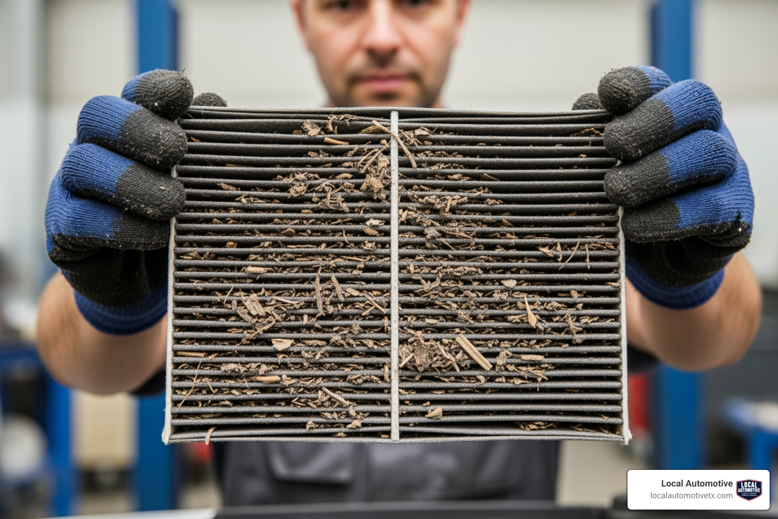 Technician holding up a dirty cabin air filter clogged with leaves and debris - Cabin air filter replacement Technician holding up a dirty cabin air filter clogged with leaves and debris - Cabin air filter replacement