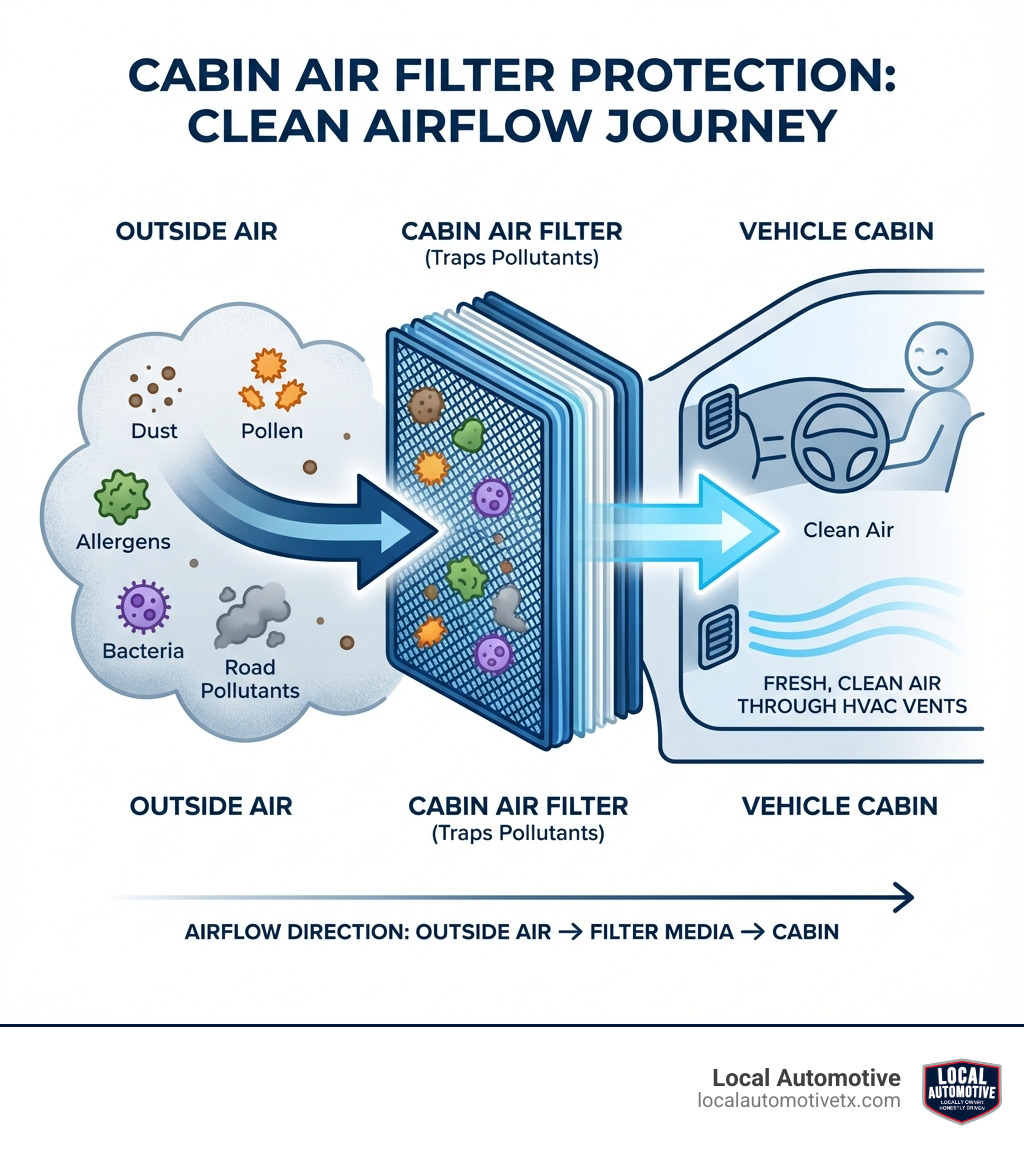 Infographic showing how cabin air filters protect vehicle occupants by trapping dust, pollen, allergens, bacteria, and road pollutants before air enters through the HVAC vents, with arrows indicating airflow direction from outside air through the filter media and into the cabin - Cabin air filter replacement infographic Infographic showing how cabin air filters protect vehicle occupants by trapping dust, pollen, allergens, bacteria, and road pollutants before air enters through the HVAC vents, with arrows indicating airflow direction from outside air through the filter media and into the cabin - Cabin air filter replacement infographic
