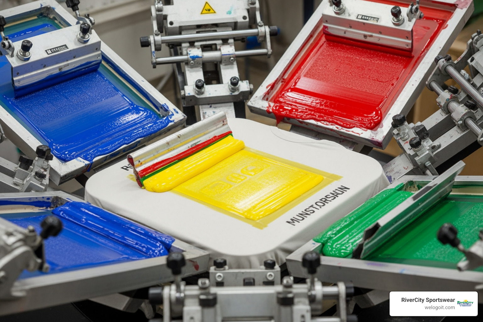 multi-color screen printing press in action - Apparel decoration services