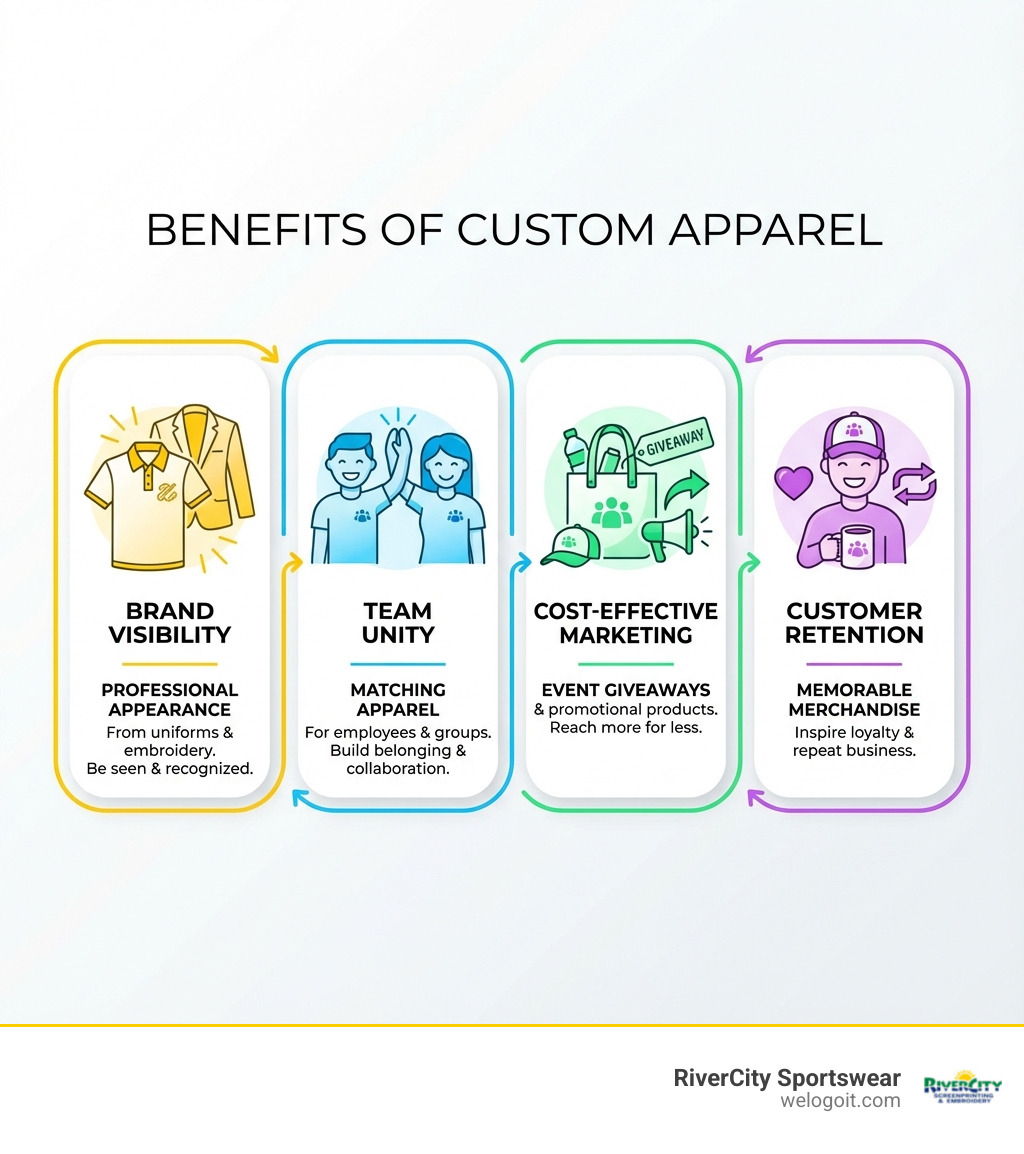 infographic showing benefits of custom apparel including brand visibility with a professional appearance from uniforms and embroidery, team unity through matching apparel for employees and groups, cost-effective marketing via event giveaways and promotional products, and customer retention with memorable branded merchandise - Apparel decoration services infographic 
