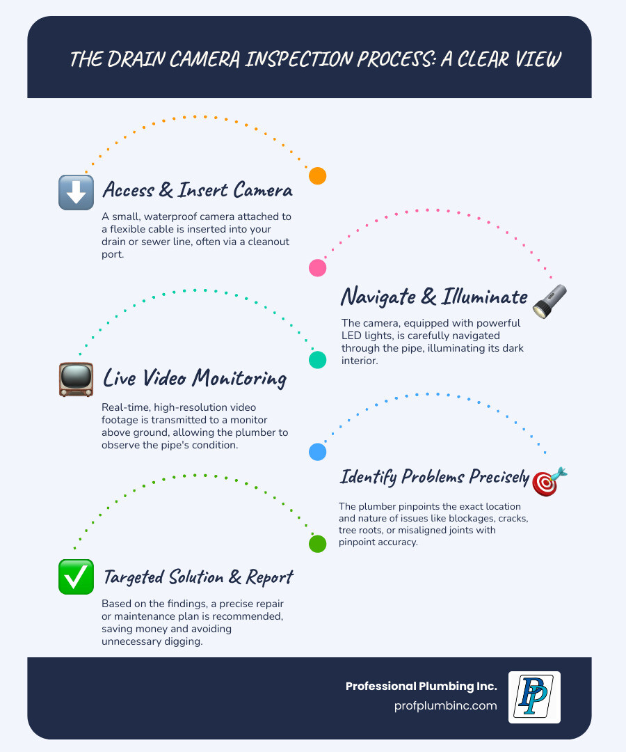 Infographic showing the drain camera inspection process: 1) Camera inserted through cleanout, 2) Flexible cable navigates pipes with LED lights, 3) Live video feed shows pipe interior on monitor, 4) Plumber identifies exact location and type of problem, 5) Targeted repair recommended based on findings - drain camera inspection infographic infographic-line-5-steps-blues-accent_colors
