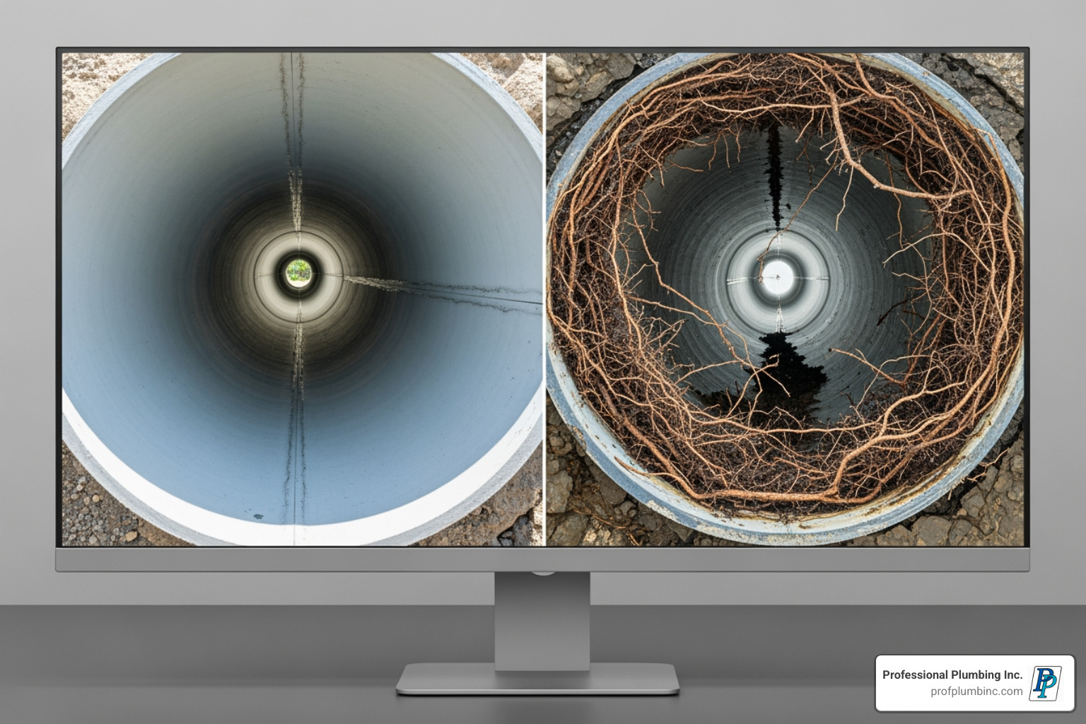 split screen monitor showing clear pipe vs pipe with tree root intrusion - drain camera inspection