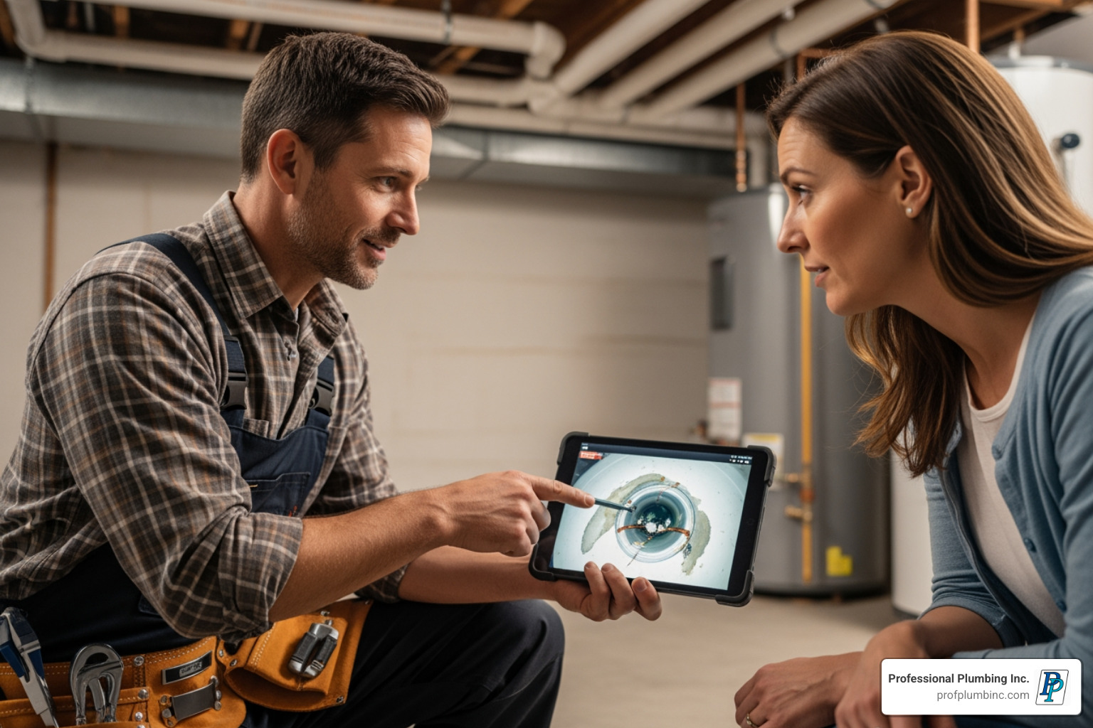 plumber showing homeowner inspection footage on tablet - drain camera inspection