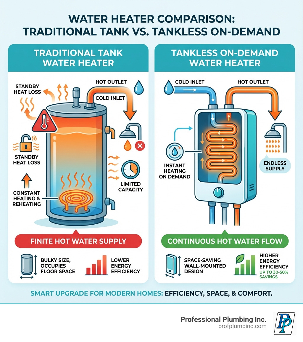 Infographic comparing traditional tank water heater with standby heat loss and limited capacity versus tankless on-demand water heater with continuous flow, energy efficiency ratings, and space-saving wall-mounted design, showing water flow paths and heating elements in both systems - tankless water heater Fountain Valley CA infographic 