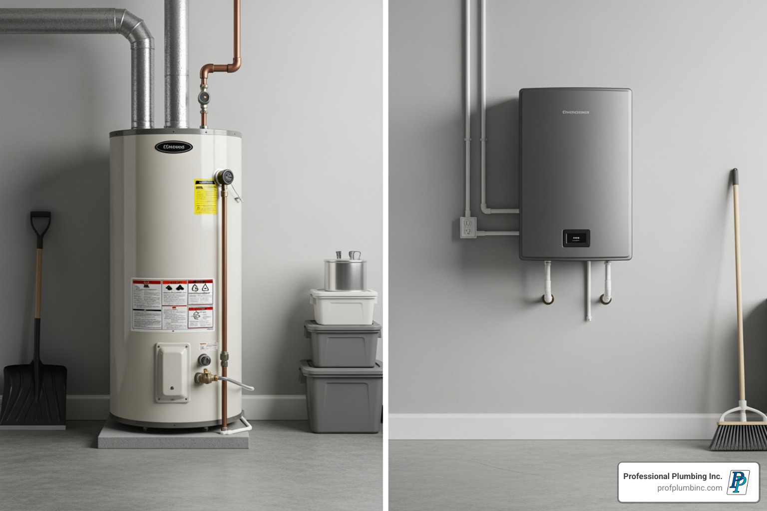 side-by-side comparison showing a bulky traditional tank vs. a sleek tankless unit - tankless water heater Fountain Valley CA