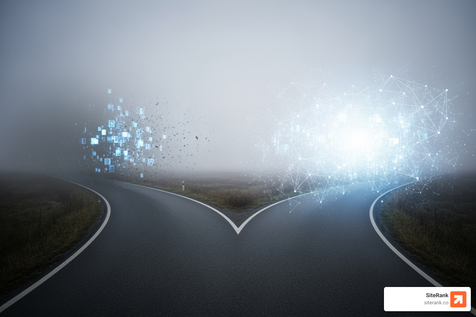 Fork in the road with one path labeled "SEO Only" leading to a fading digital presence and the other "SEO + GEO" leading to a bright, interconnected network - geo vs seo Fork in the road with one path labeled "SEO Only" leading to a fading digital presence and the other "SEO + GEO" leading to a bright, interconnected network - geo vs seo