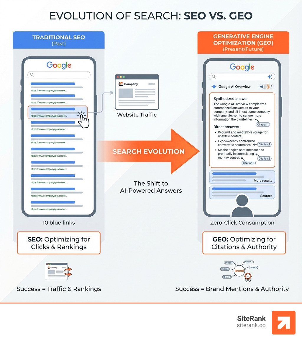 Infographic showing the evolution of search: On the left, a traditional Google SERP with 10 blue links and a user clicking through to a website. In the middle, an arrow labeled "Search Evolution" points right. On the right, a Google AI Overview displaying a synthesized answer block with citations from multiple sources, and a user reading the answer directly without clicking. Below, two labeled sections: "SEO: Optimizing for Clicks & Rankings" and "GEO: Optimizing for Citations & Authority" - geo vs seo infographic Infographic showing the evolution of search: On the left, a traditional Google SERP with 10 blue links and a user clicking through to a website. In the middle, an arrow labeled "Search Evolution" points right. On the right, a Google AI Overview displaying a synthesized answer block with citations from multiple sources, and a user reading the answer directly without clicking. Below, two labeled sections: "SEO: Optimizing for Clicks & Rankings" and "GEO: Optimizing for Citations & Authority" - geo vs seo infographic