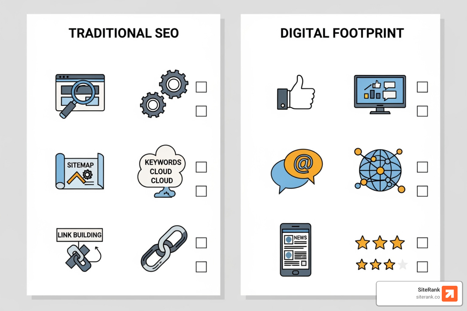 Checklist showing SEO tasks on one side and GEO tasks on the other - geo vs seo Checklist showing SEO tasks on one side and GEO tasks on the other - geo vs seo