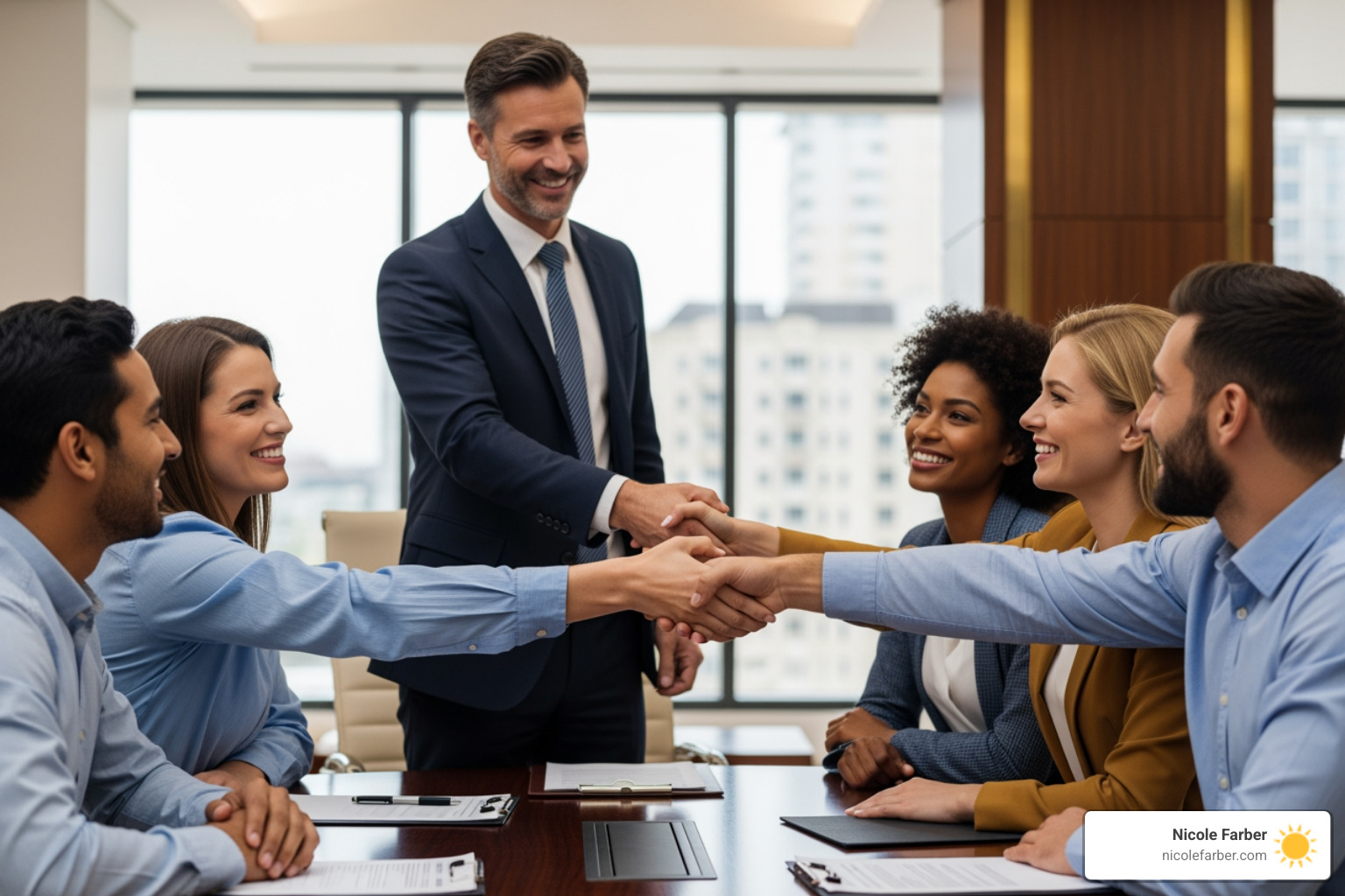 diverse group of happy clients shaking hands with a lawyer - Building a law firm