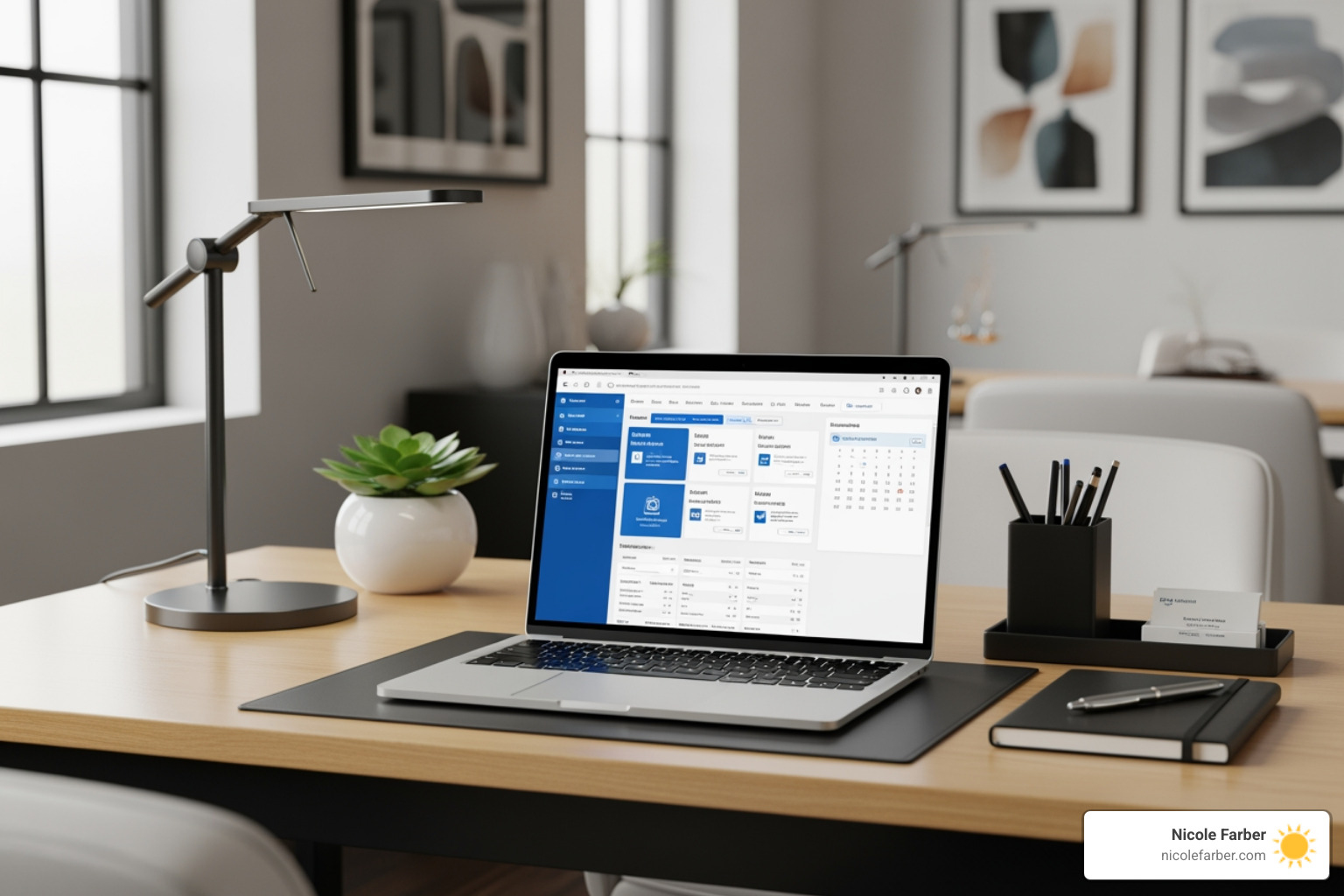 modern law office desk with laptop showing legal software - Building a law firm