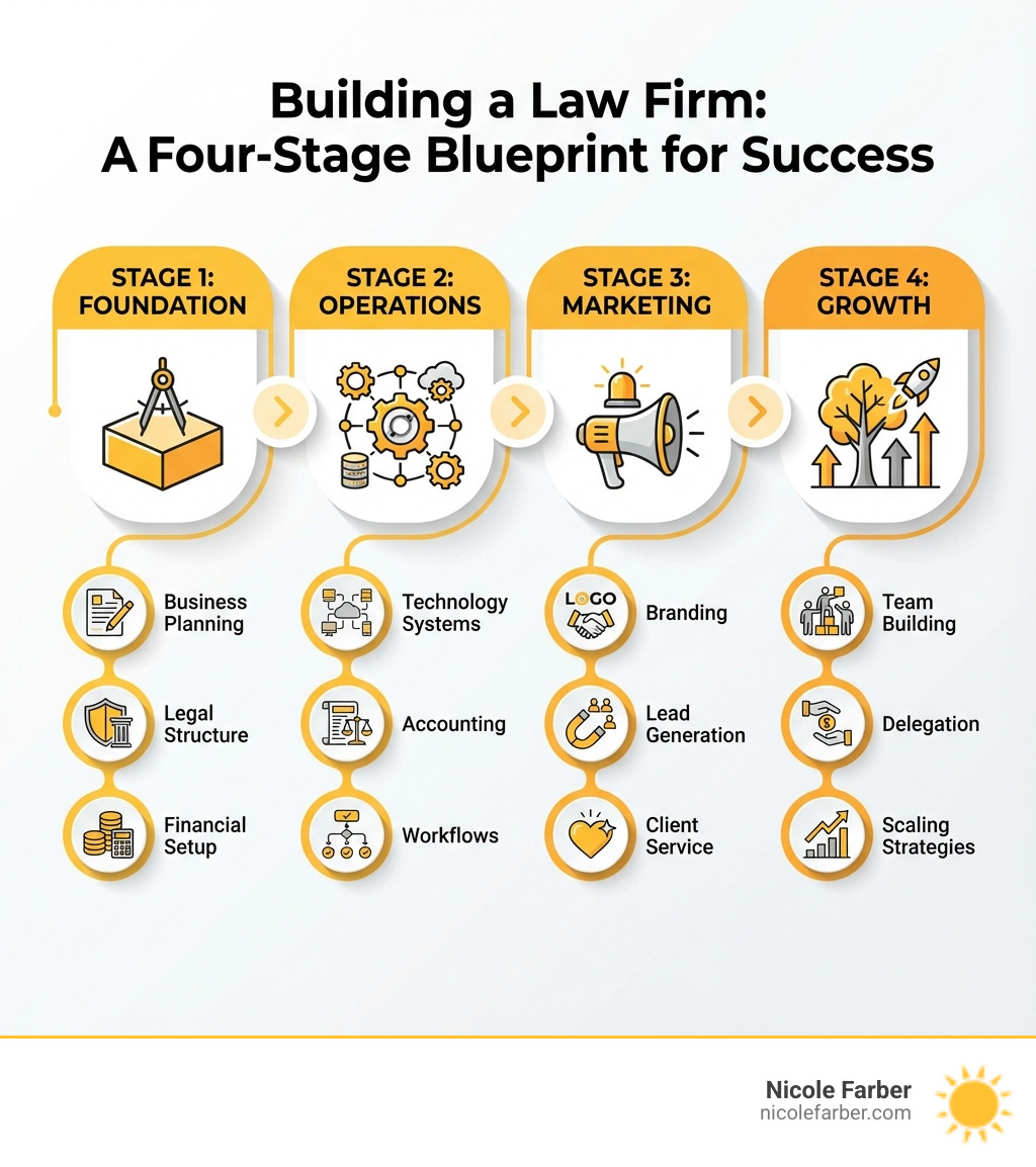 infographic showing the four main stages of building a law firm: Stage 1 Foundation includes business planning, legal structure, and financial setup; Stage 2 Operations covers technology systems, accounting, and workflows; Stage 3 Marketing encompasses branding, lead generation, and client service; Stage 4 Growth involves team building, delegation, and scaling strategies - Building a law firm infographic 