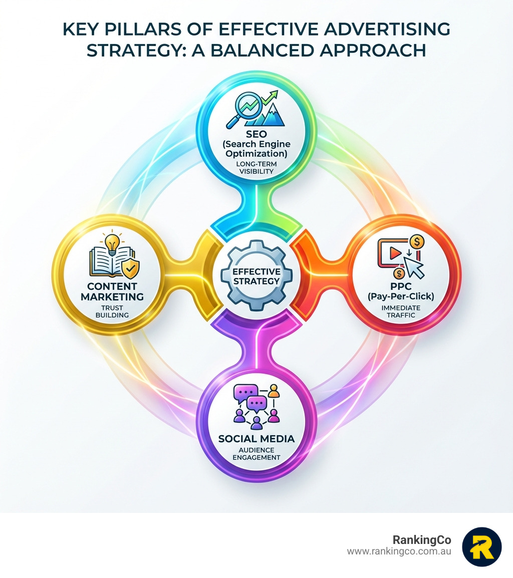 Infographic showing the key pillars of effective advertising strategy: a balanced approach combining SEO for long-term visibility, PPC for immediate traffic, social media for audience engagement, and content marketing for trust building - Brisbane advertising company infographic 
