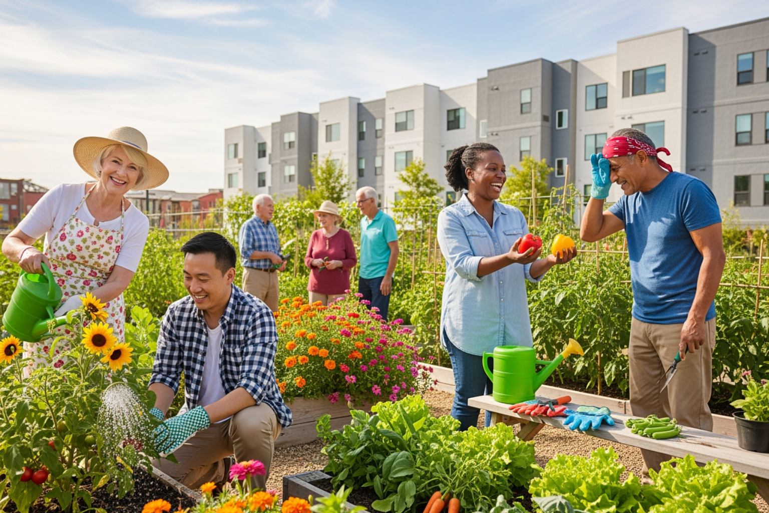 diverse group of seniors in a community garden at a housing complex - affordable homes for seniors