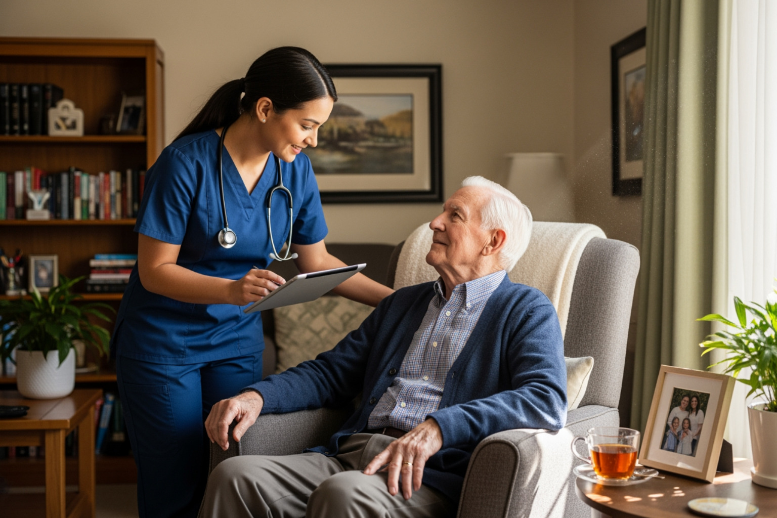 nurse checking on a senior resident in their apartment - affordable homes for seniors