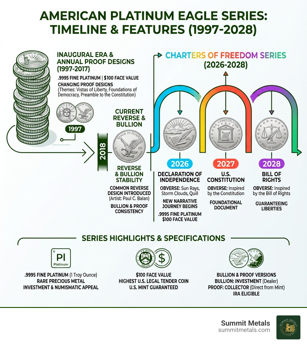 Infographic showing the timeline and key features of the American Platinum Eagle series from 1997 to 2026, including metal purity specifications, face values, past design series themes, and the introduction of the new Charters of Freedom series with design previews for 2026-2028 - 2026 platinum eagle infographic 