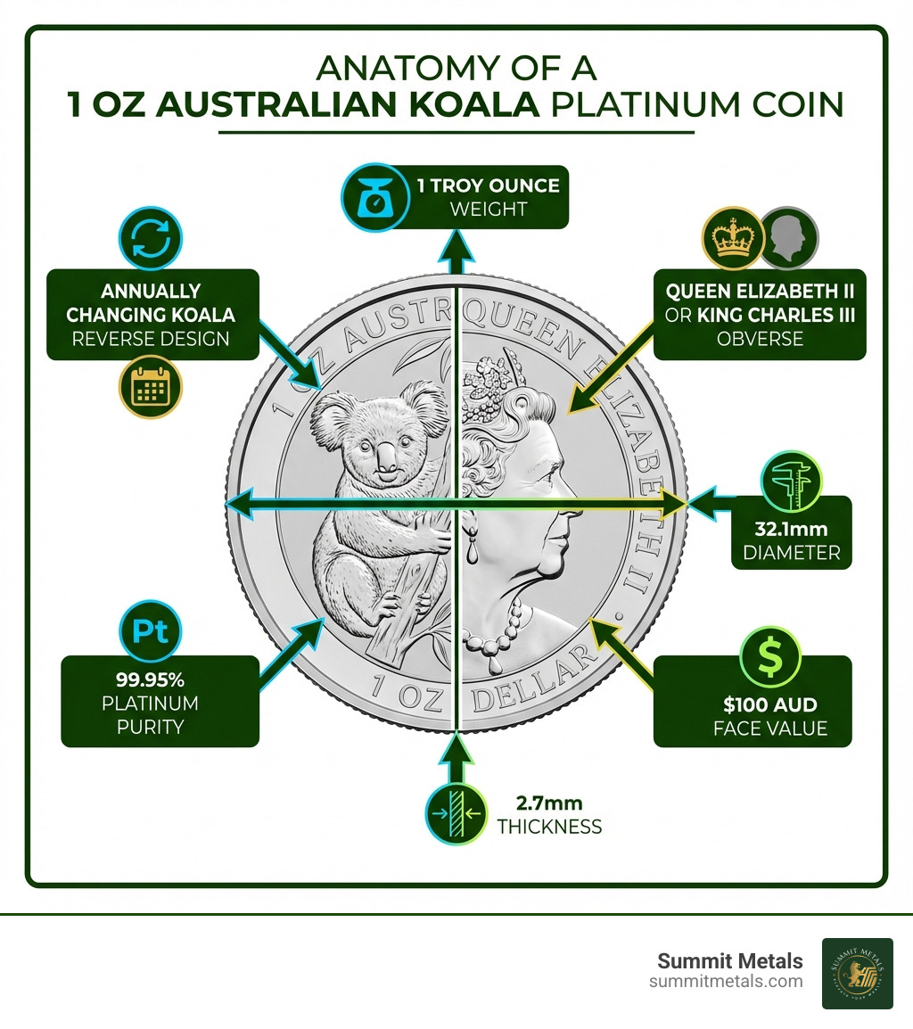 Infographic showing the anatomy of a 1 oz Australian Koala Platinum Coin with labeled specifications: 1 Troy Ounce weight, 99.95% platinum purity, $100 AUD face value, 32.1mm diameter, 2.7mm thickness, annually changing koala reverse design, and Queen Elizabeth II or King Charles III obverse - koala platinum coin infographic 