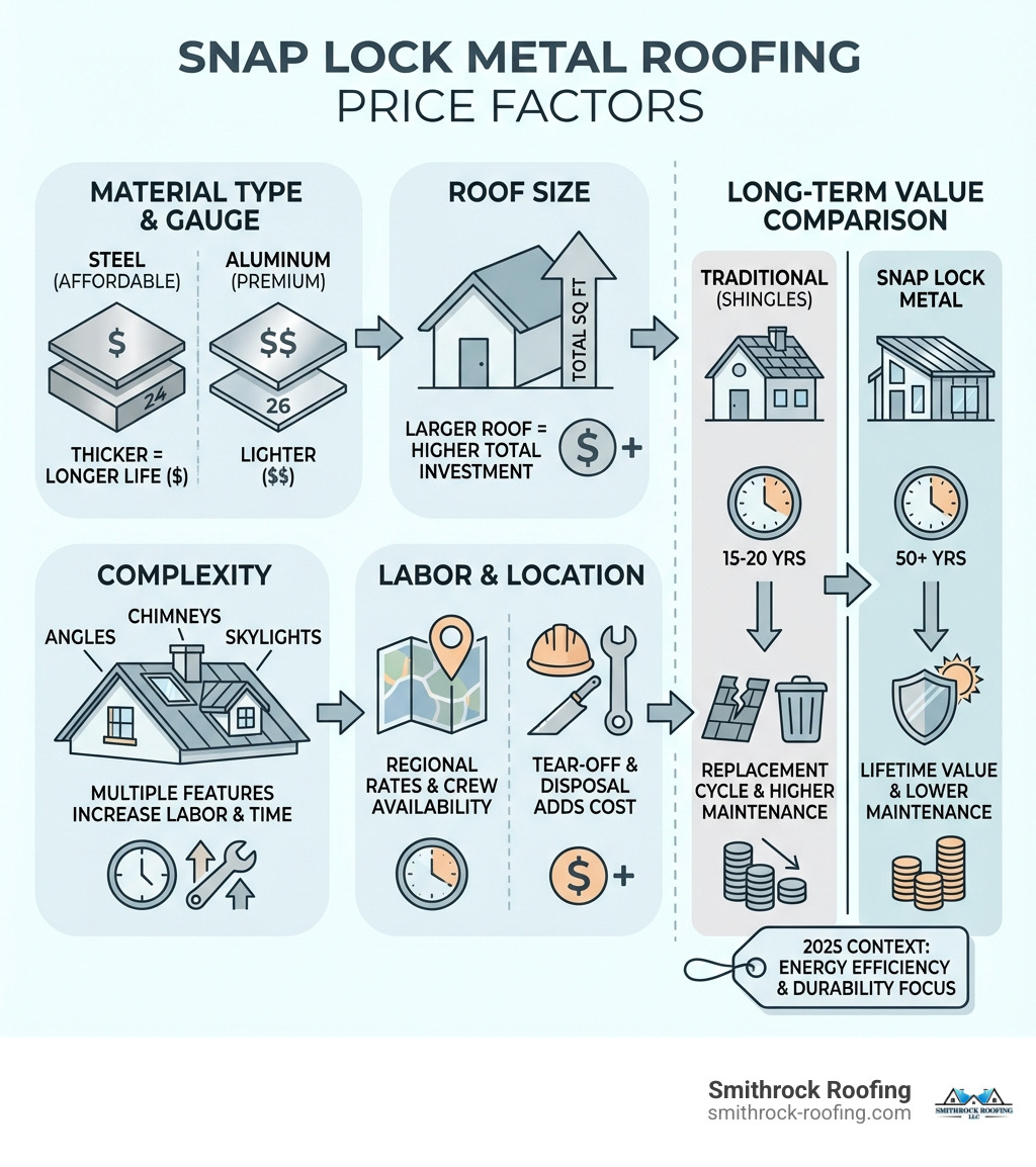 infographic showing factors affecting snap lock metal roofing price including material type, roof size, complexity, labor costs, and long-term value comparison with traditional roofing - snap lock metal roofing price infographic 