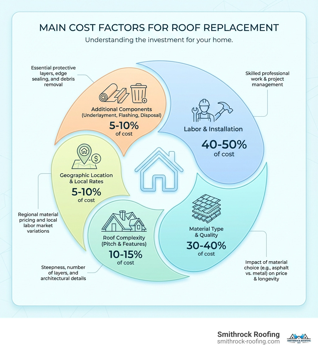 Infographic showing the main cost factors for roof replacement: material type and quality (30-40% of cost), labor and installation (40-50% of cost), roof complexity including pitch and features (10-15% of cost), geographic location and local rates (5-10% of cost), and additional components like underlayment, flashing, and disposal (5-10% of cost) - cost to replace 2500 square foot roof infographic 