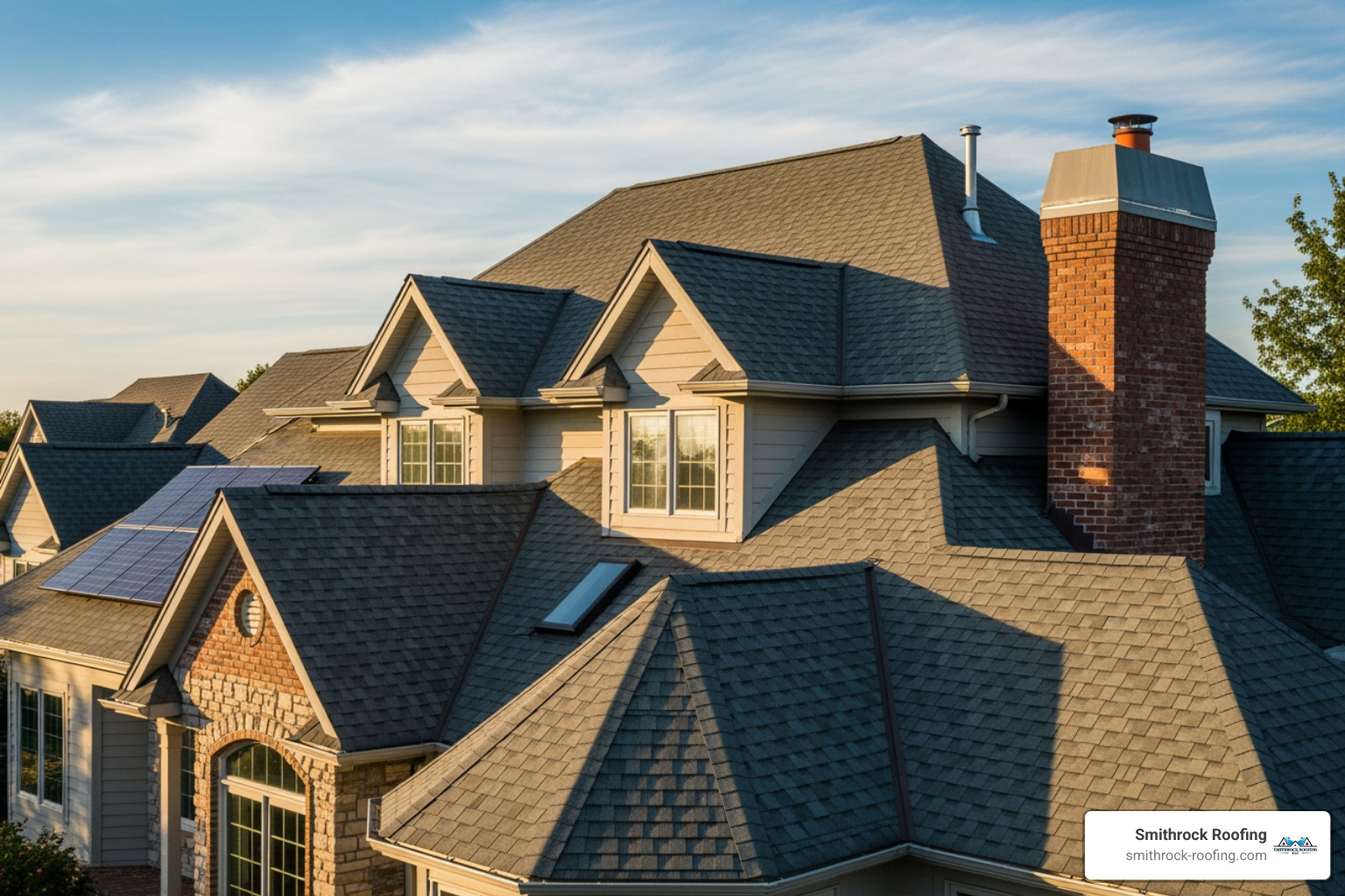 Complex roof with multiple gables, valleys, and a chimney - cost to replace 2500 square foot roof