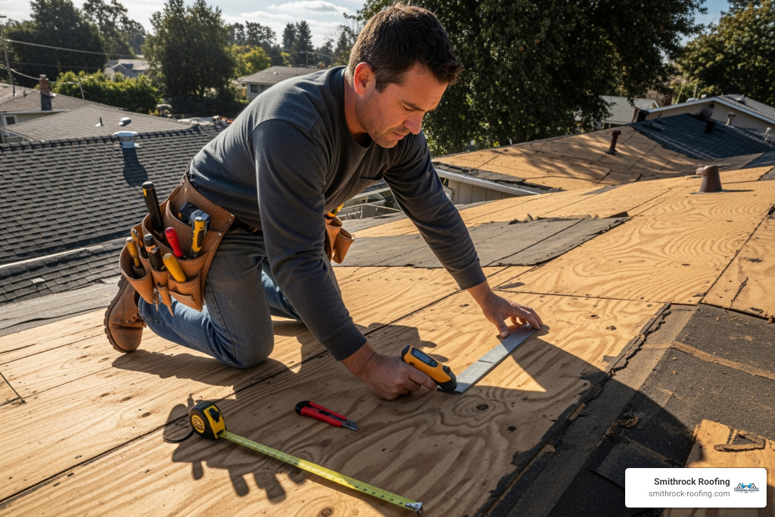 Roofer inspecting roof decking after tear-off - cost to replace 2500 square foot roof