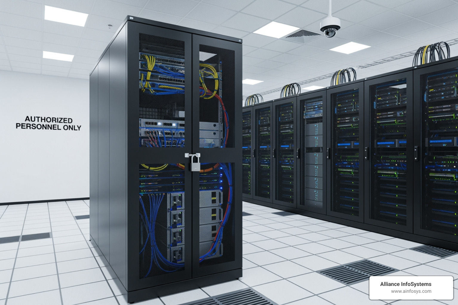 A locked server rack in a secure data center, emphasizing physical security for IT infrastructure. - HIPAA IT requirements A locked server rack in a secure data center, emphasizing physical security for IT infrastructure. - HIPAA IT requirements